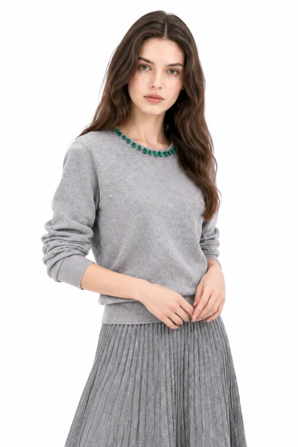 Embellished Australian Wool Crewneck Sweater - Grey - model view 4