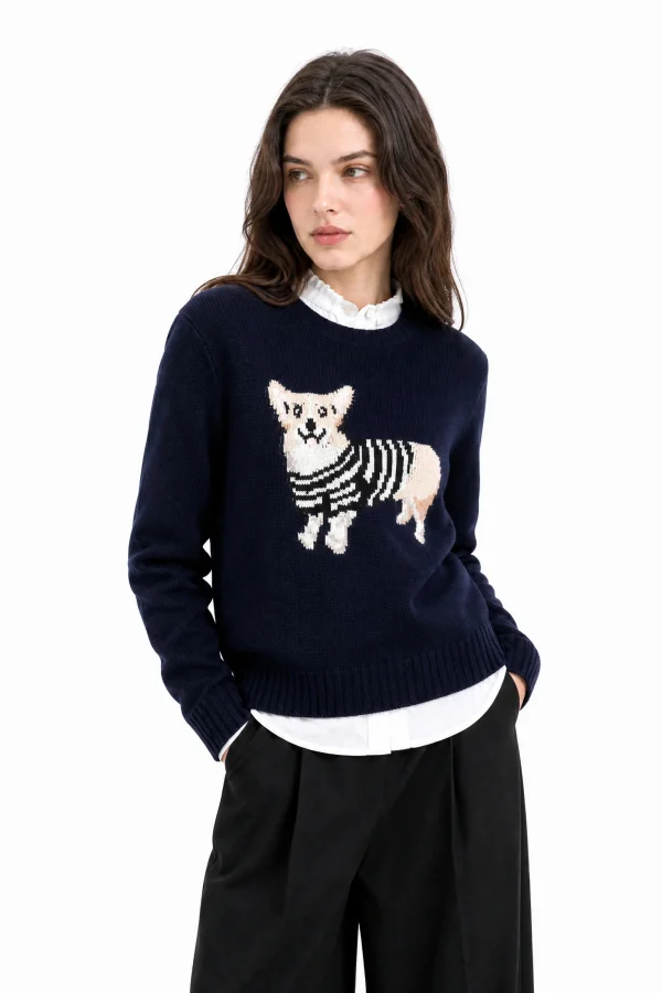 Wool Blend Dog Motif Sweater - Navy - model view 4