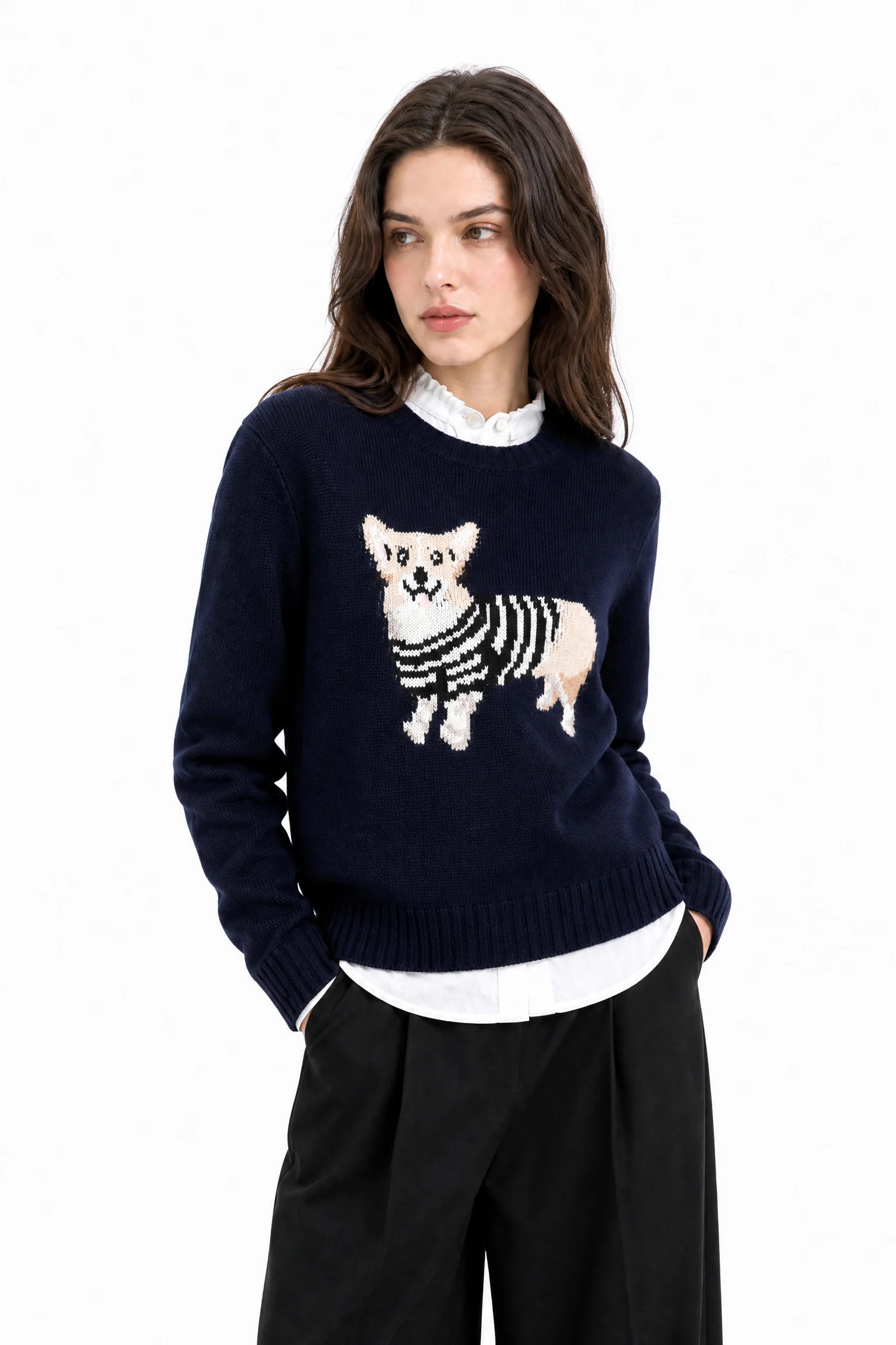 Wool Blend Dog Motif Sweater - Navy - model view 4