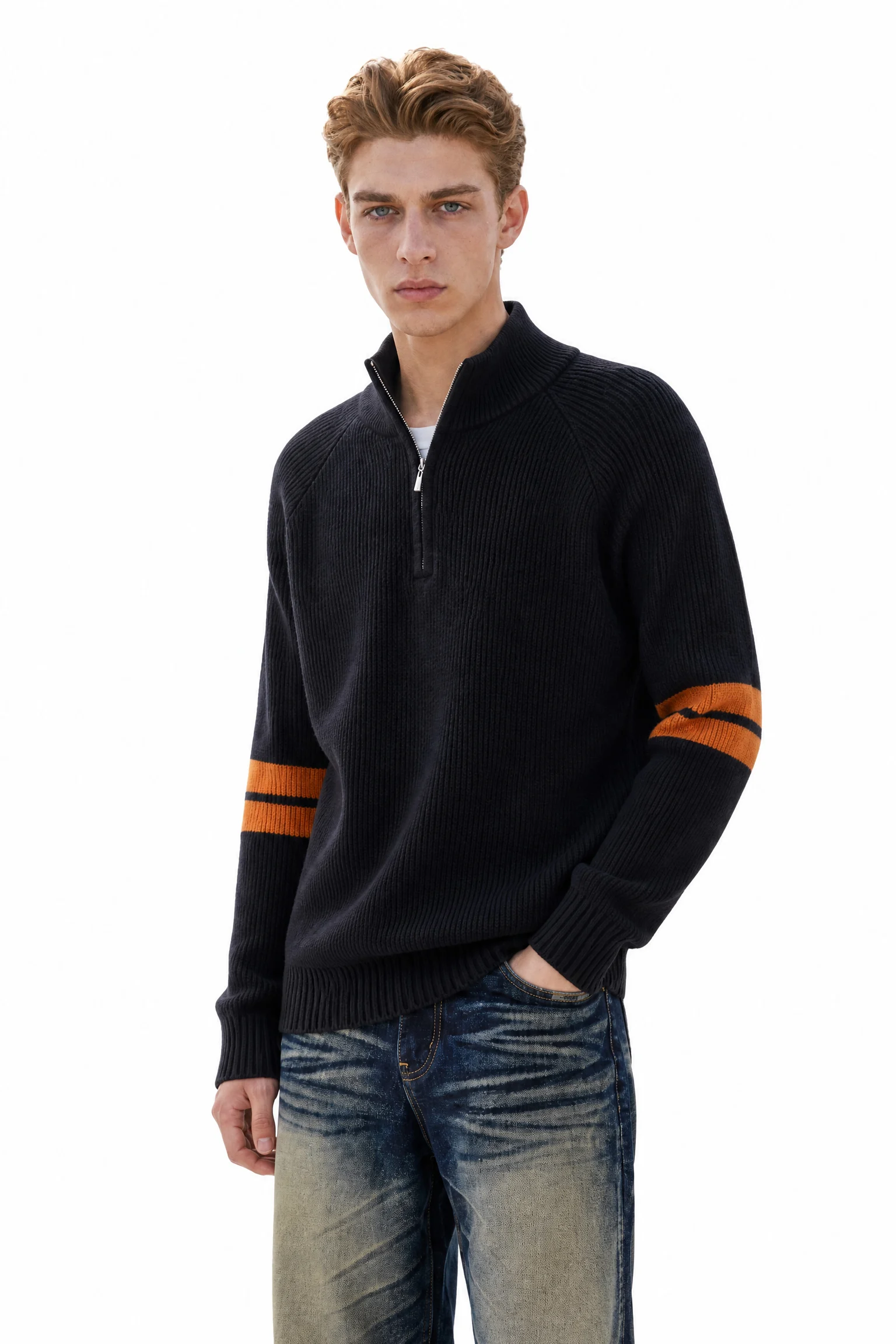 Pure Wool Half-Zip Ribbed Sweater - model view 4