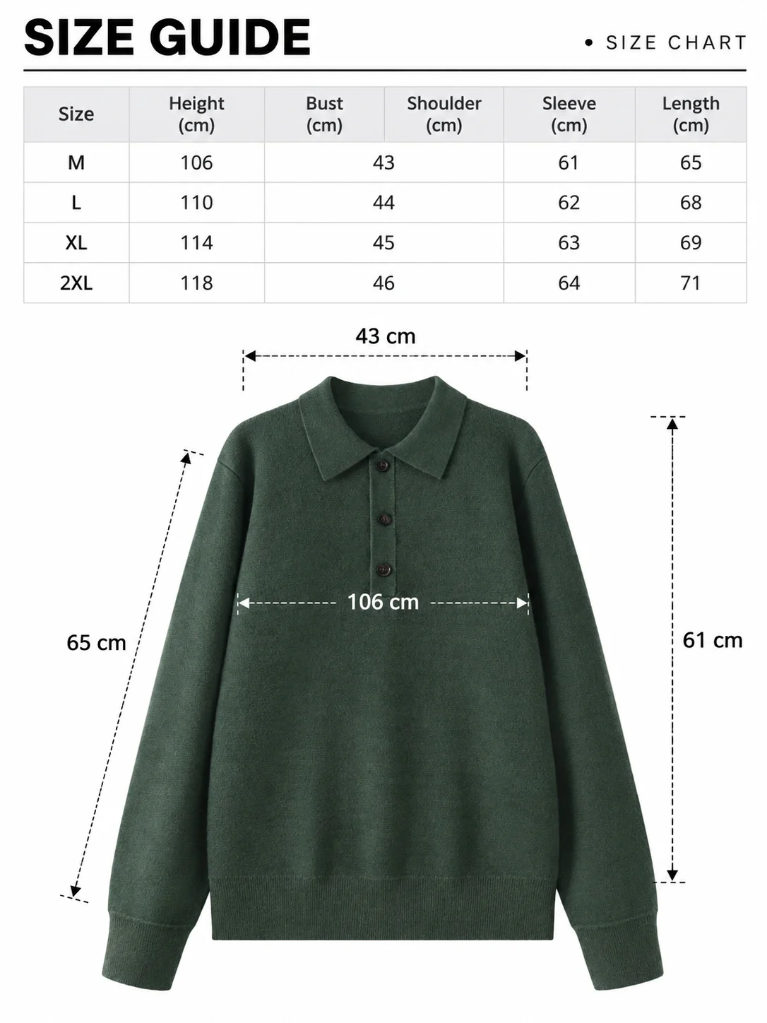 Australian Wool Knit Polo Sweater size guide