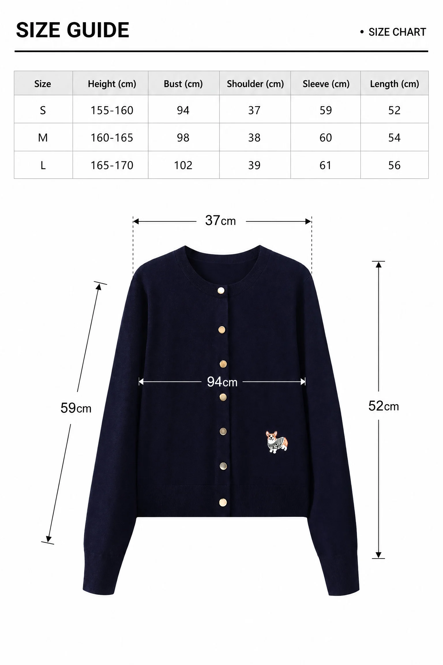 Wool-Blend Button-Front Cardigan size guide