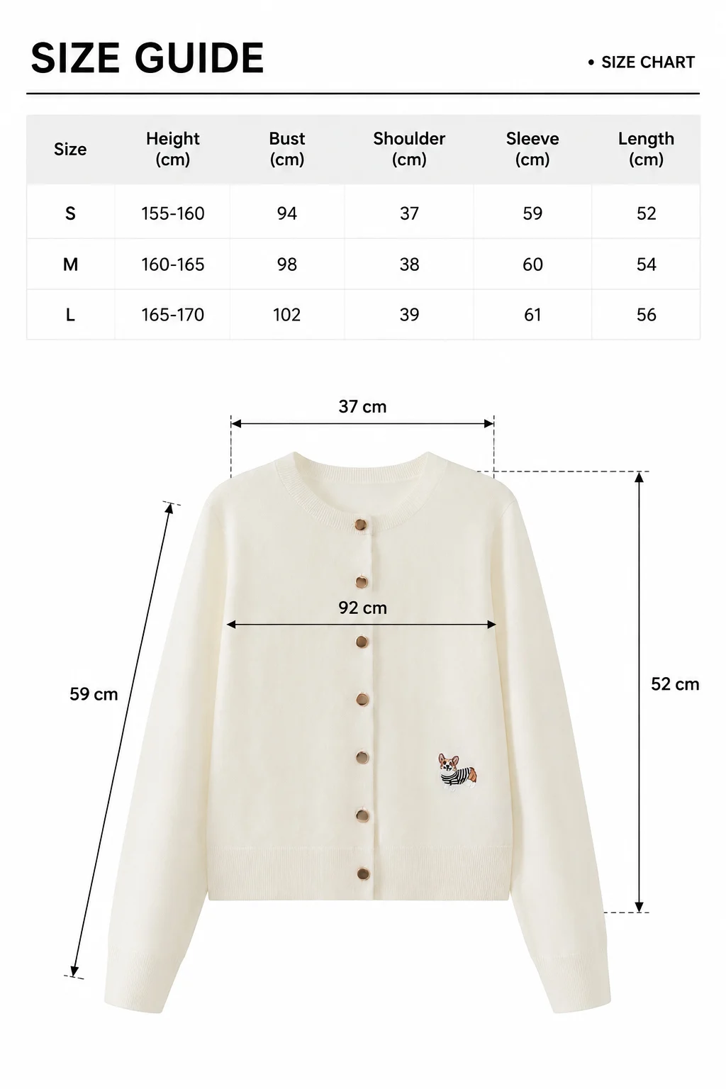 Wool Blend Crewneck Cardigan size guide