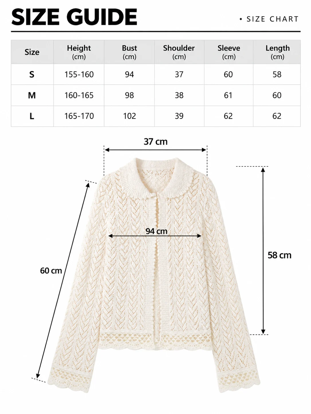 Refined Openwork Knit Cardigan size guide