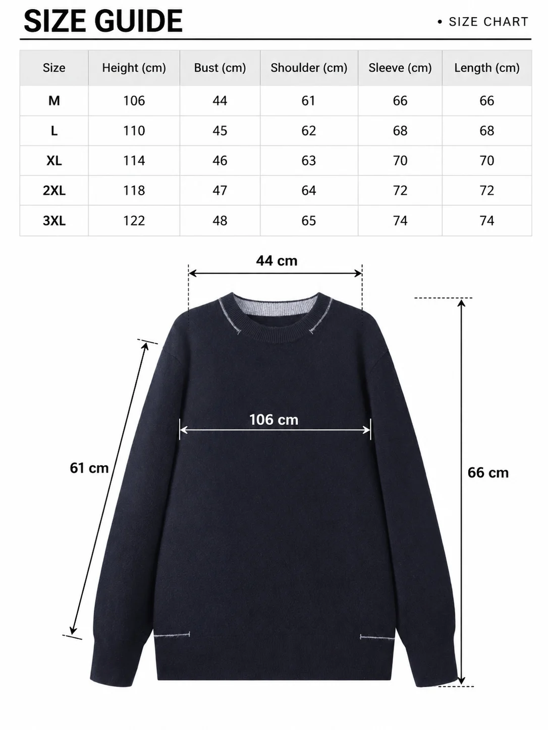Refined Cashmere Crewneck Sweater size guide