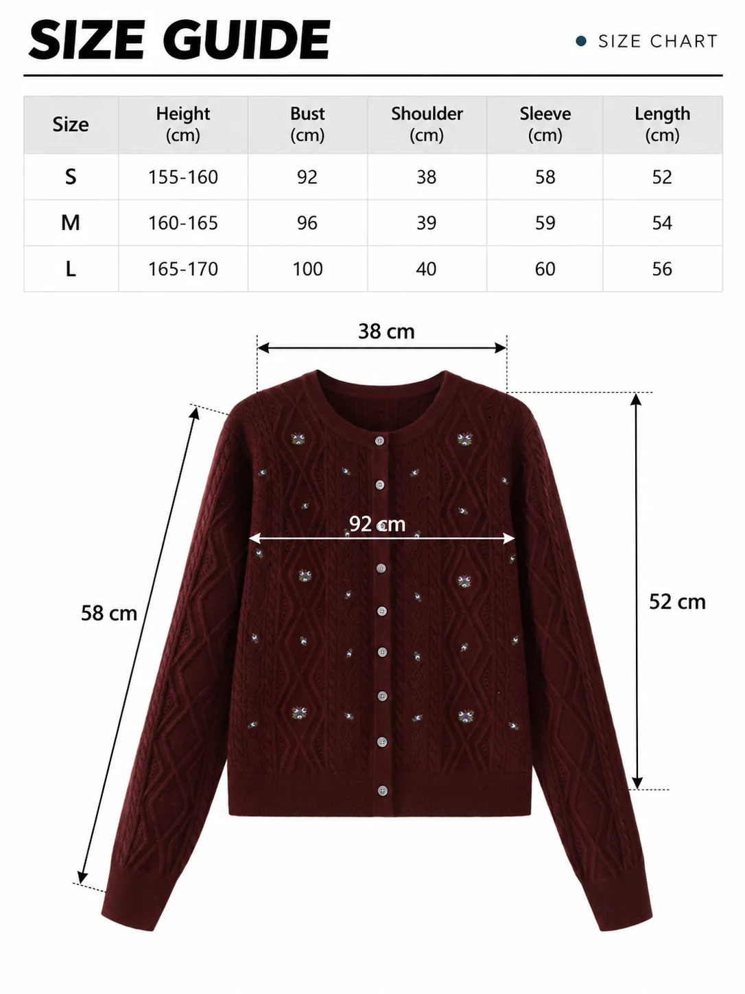 Australian Wool Embellished Cable Cardigan size guide