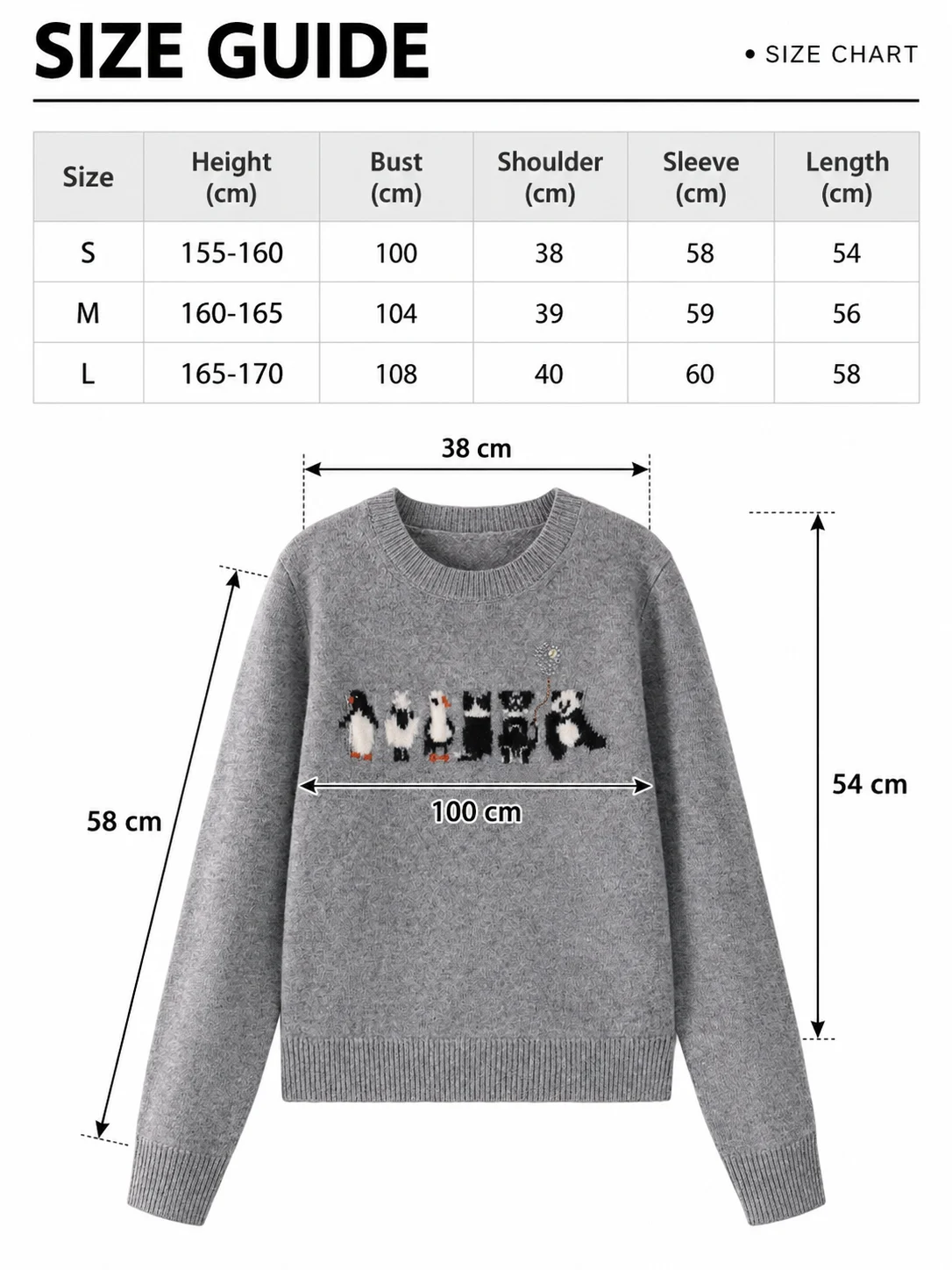 Australian Wool Penguin Motif Sweater size guide