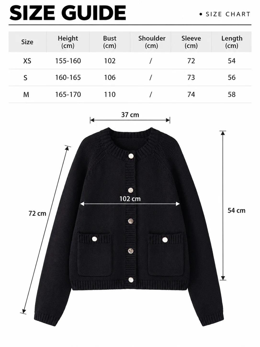 Combed Cotton Rib-Trim Cardigan – Black size guide