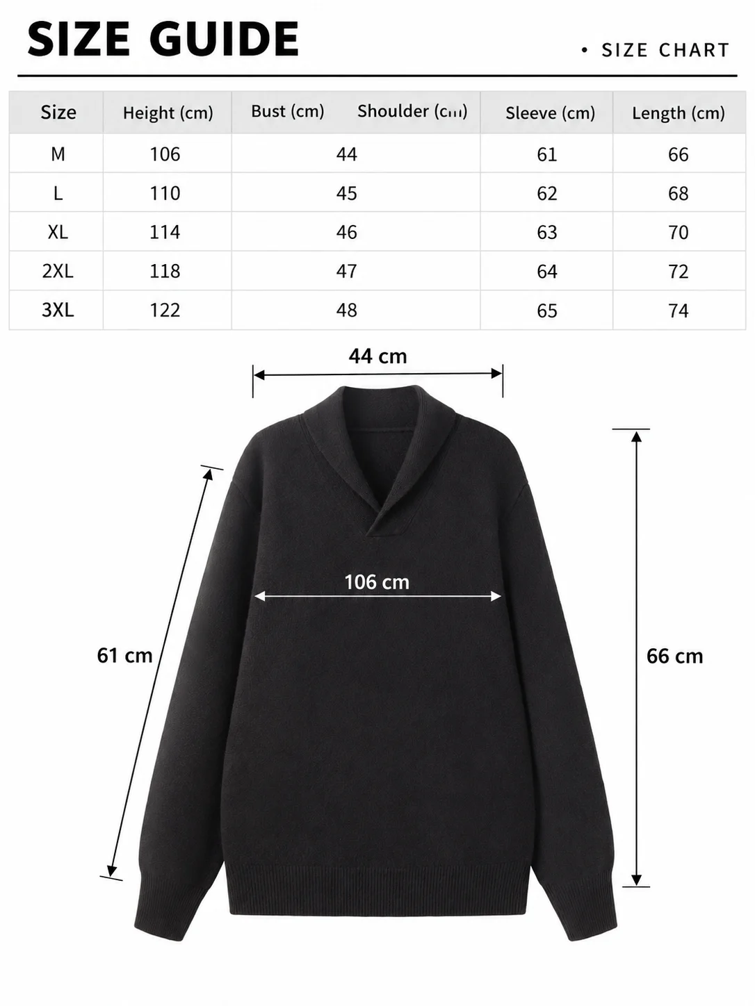 Pure Wool Shawl-Collar Pullover size guide