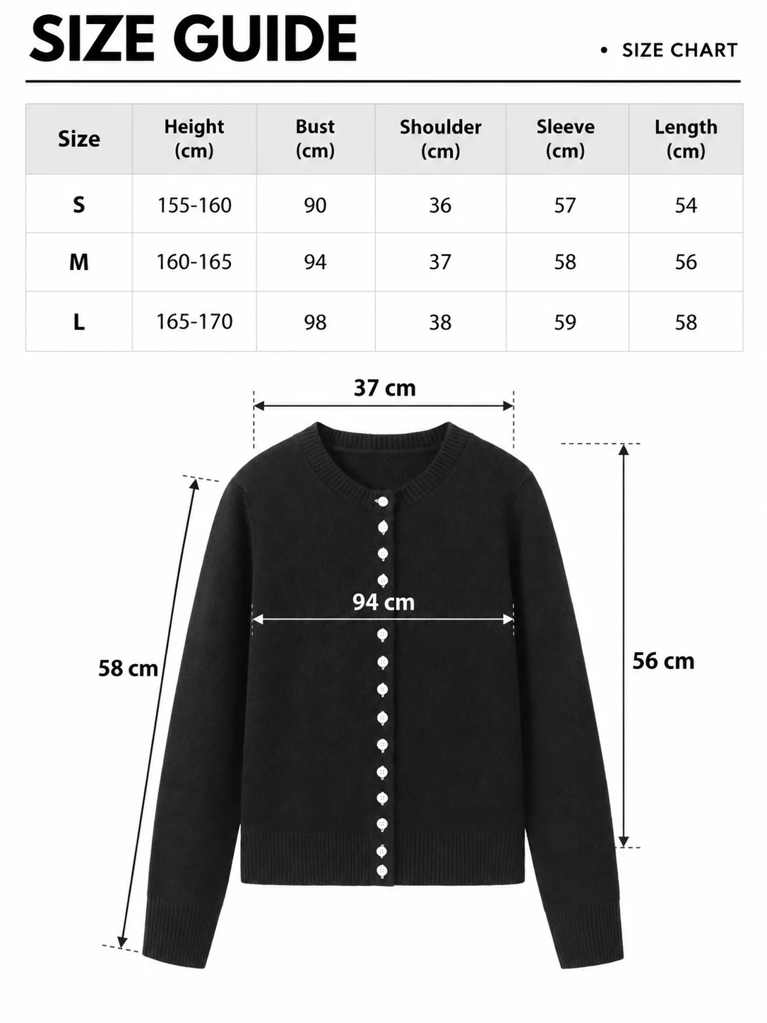 Fine Australian Wool Button Cardigan size guide