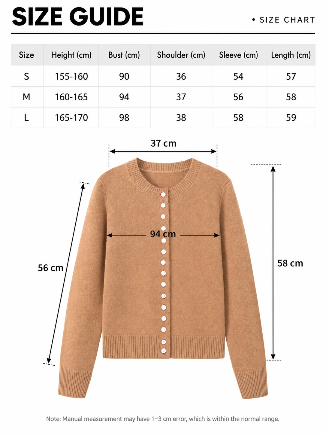 Australian Wool Button-Front Cardigan size guide
