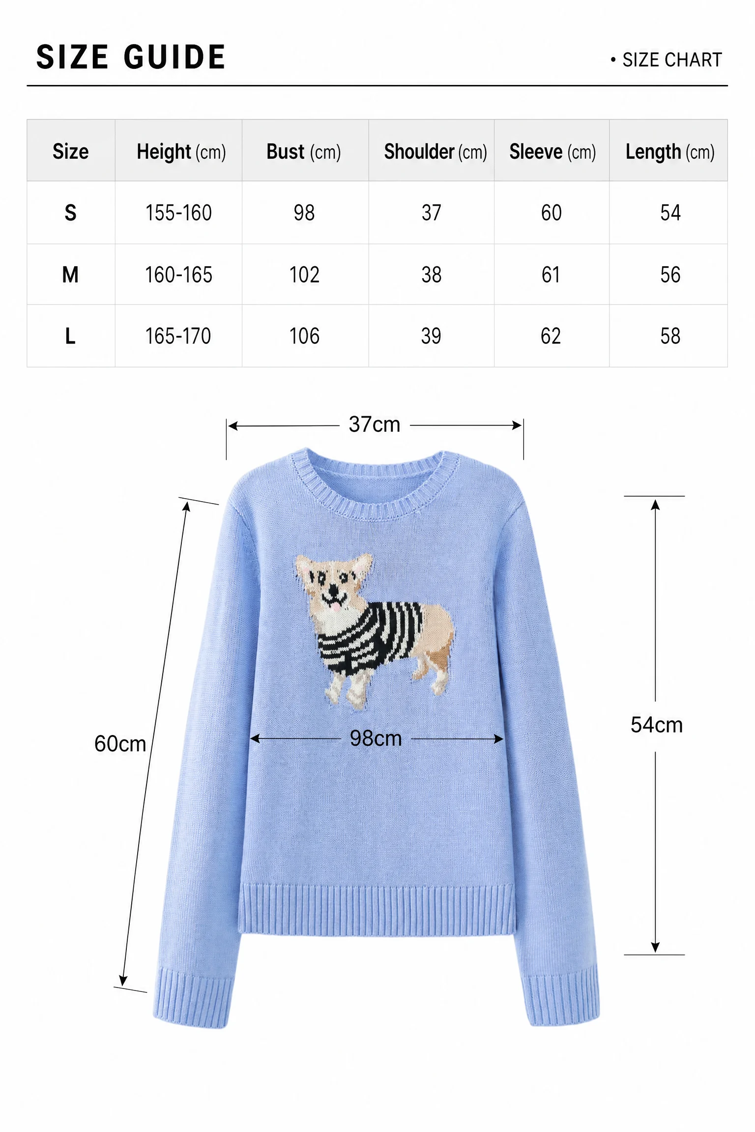 Wool Blend Dog Motif Sweater – Blue size guide