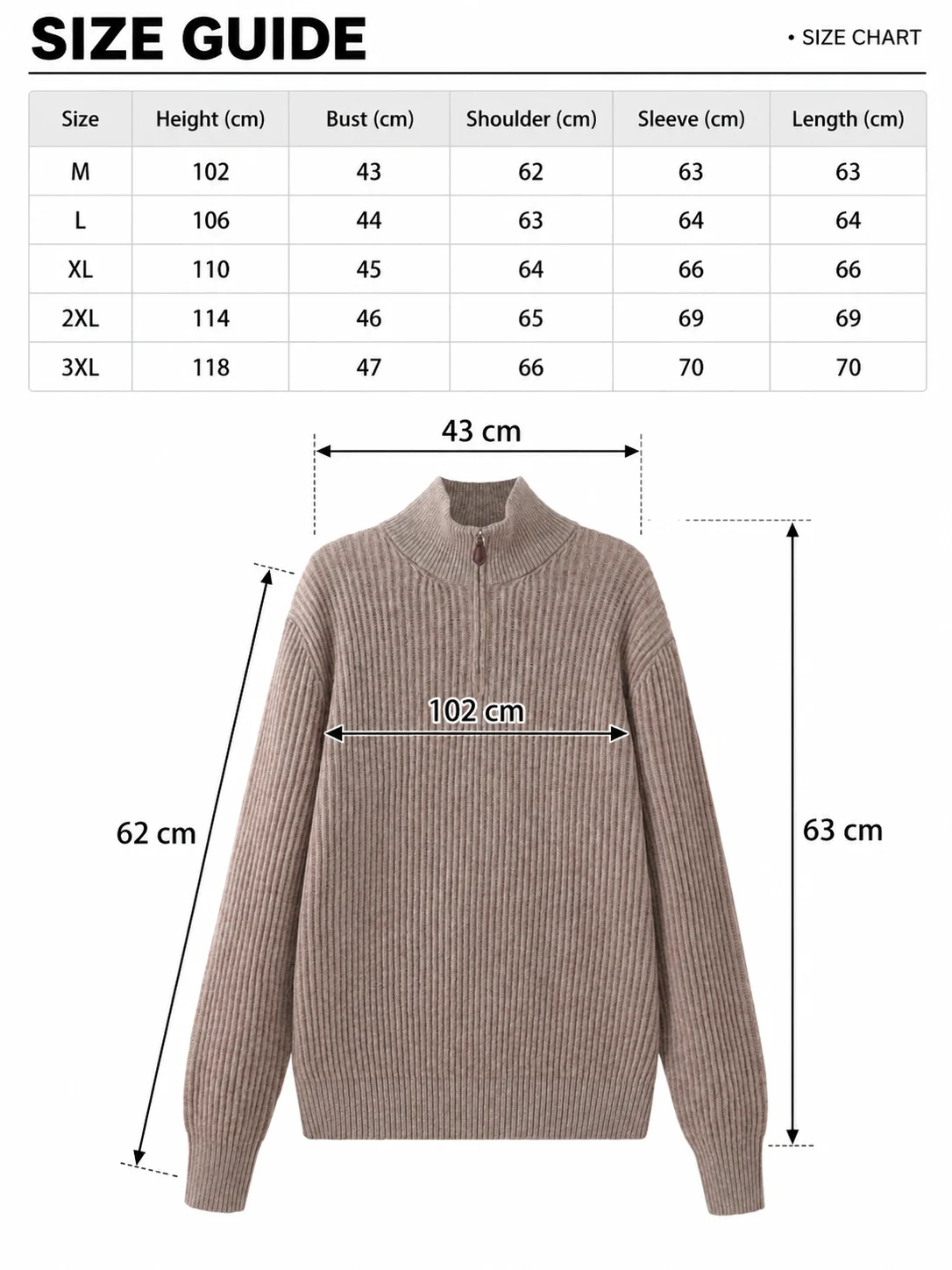 Cashmere Wool Rib-Knit Half-Zip Sweater size guide