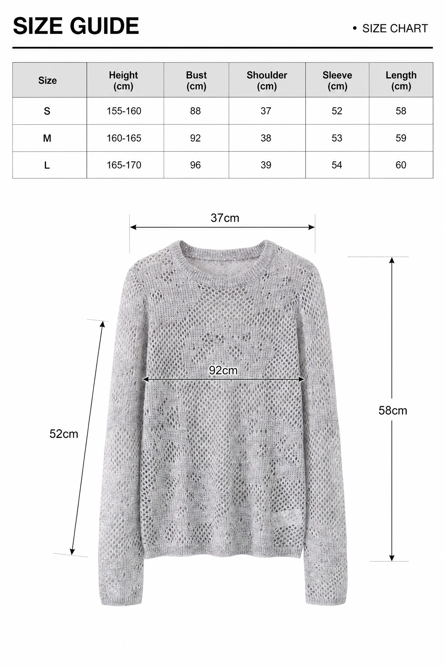 Mohair Wool Openwork Knit Sweater size guide