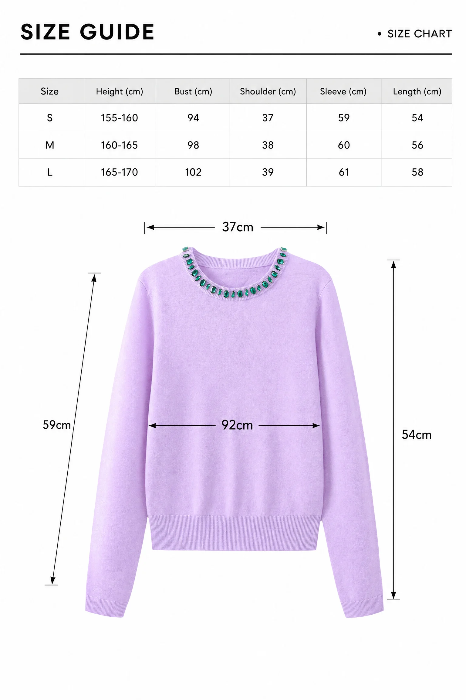 Embellished Australian Wool Crewneck Sweater – Lilac size guide