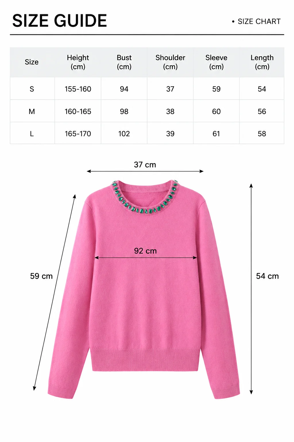 Embellished Australian Wool Crewneck Sweater – Pink size guide