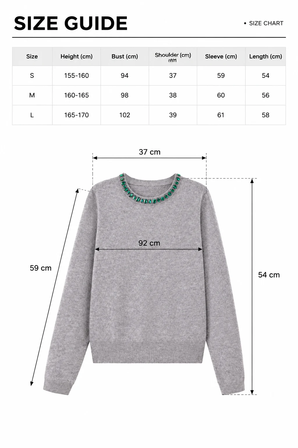 Embellished Australian Wool Crewneck Sweater – Grey size guide