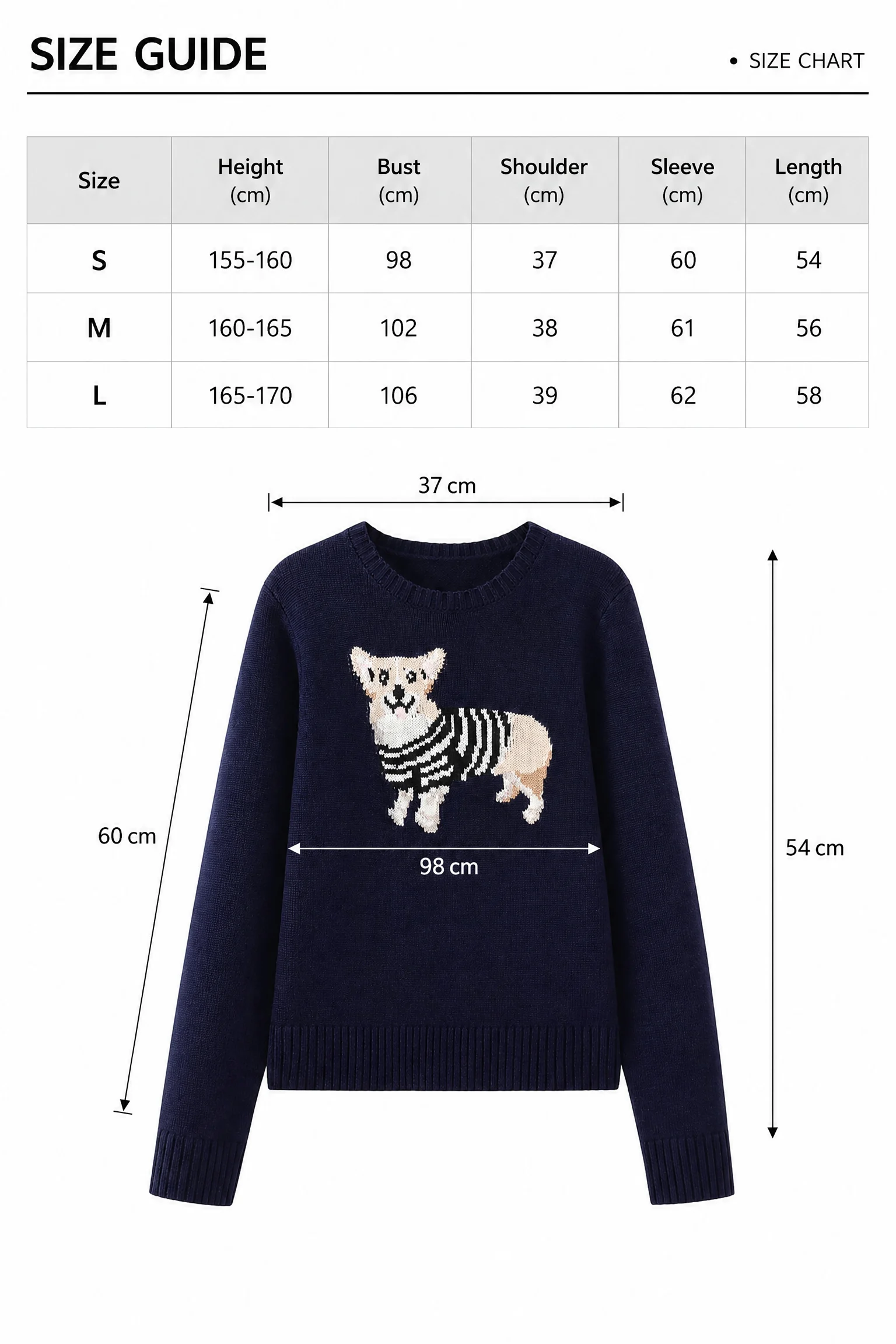 Wool Blend Dog Motif Sweater – Navy size guide