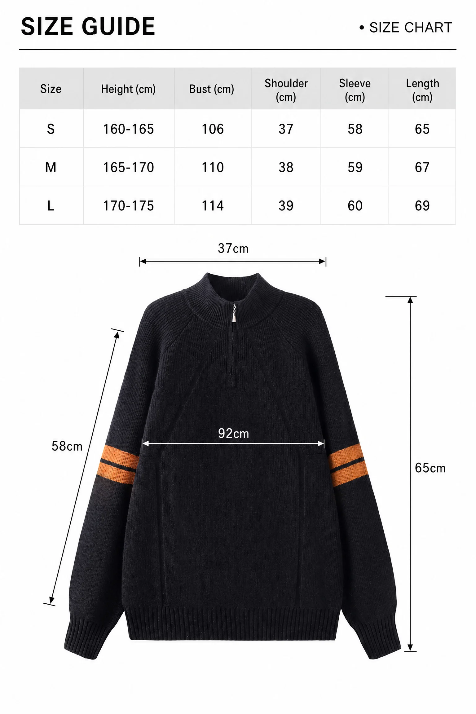 Pure Wool Half-Zip Ribbed Sweater size guide