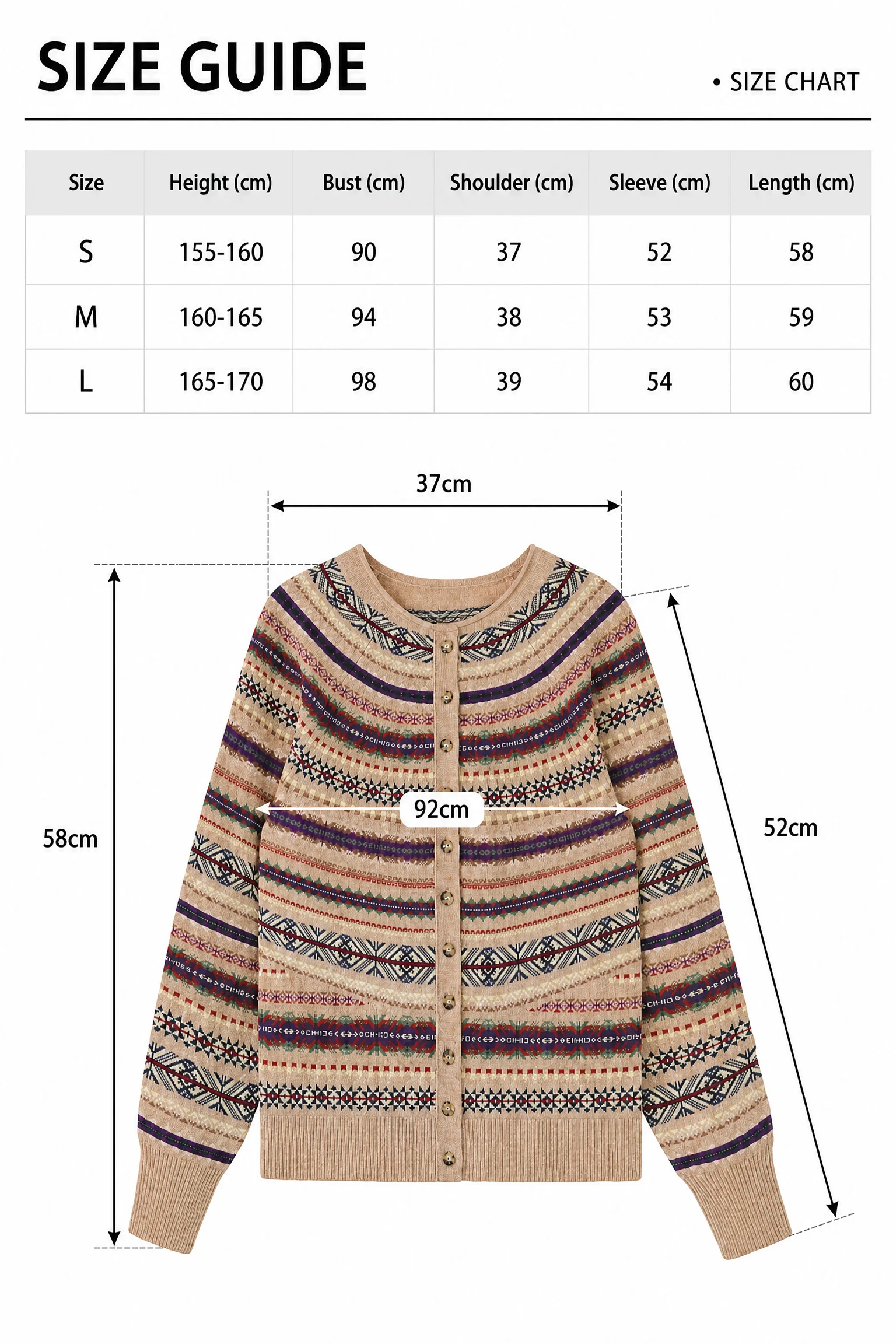 Wool-Cotton Fair Isle Cardigan size guide