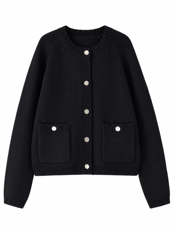 Combed Cotton Rib-Trim Cardigan - Black - product view