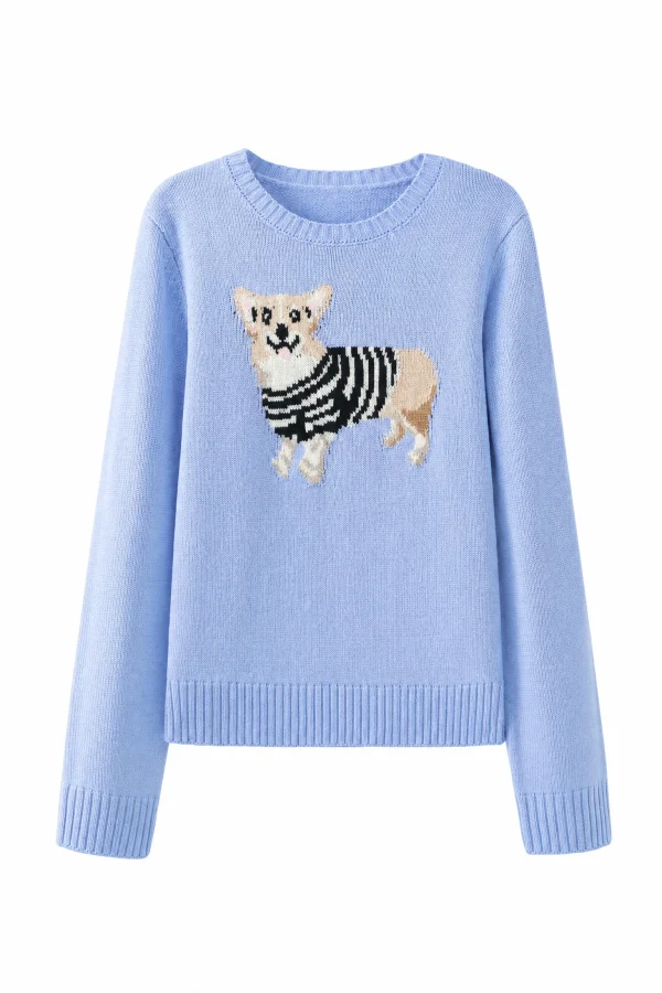Wool Blend Dog Motif Sweater - Blue - product view