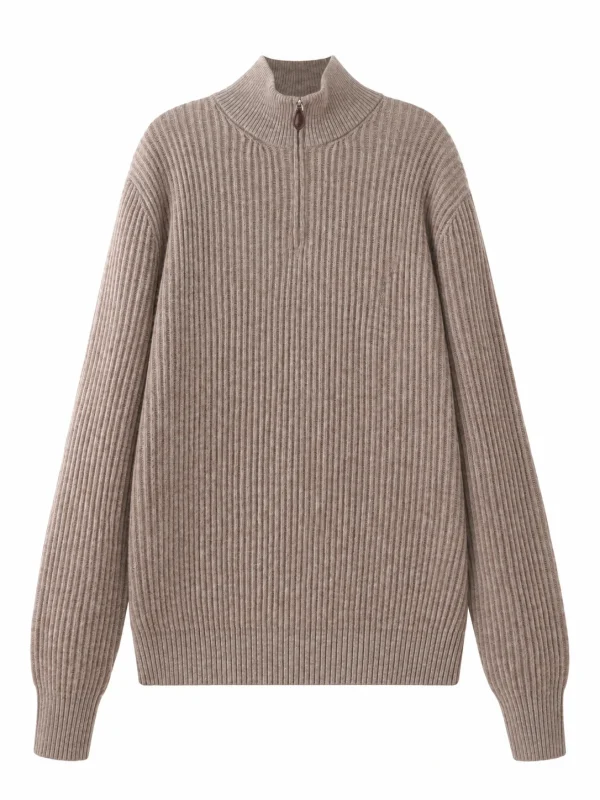 Cashmere Wool Rib-Knit Half-Zip Sweater - product view