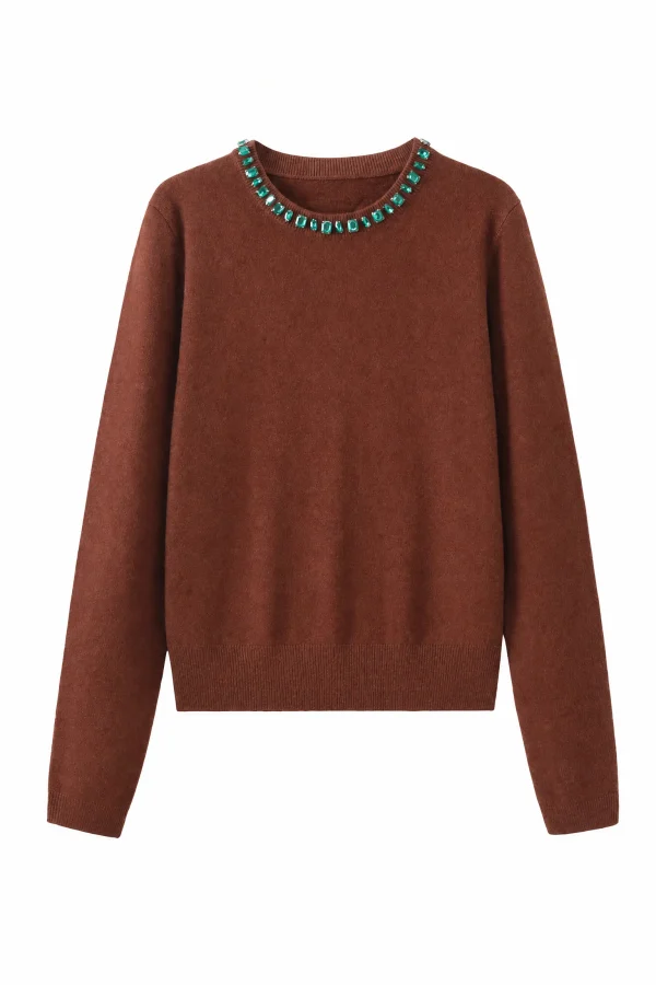 Embellished Australian Wool Crewneck Sweater - Brown - product view