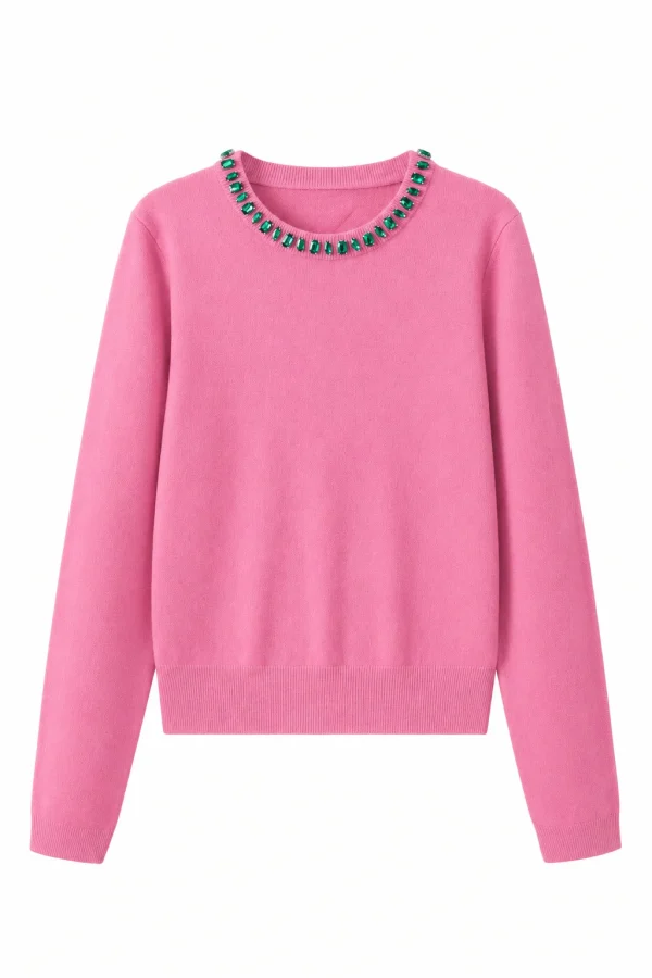 Embellished Australian Wool Crewneck Sweater - Pink - product view
