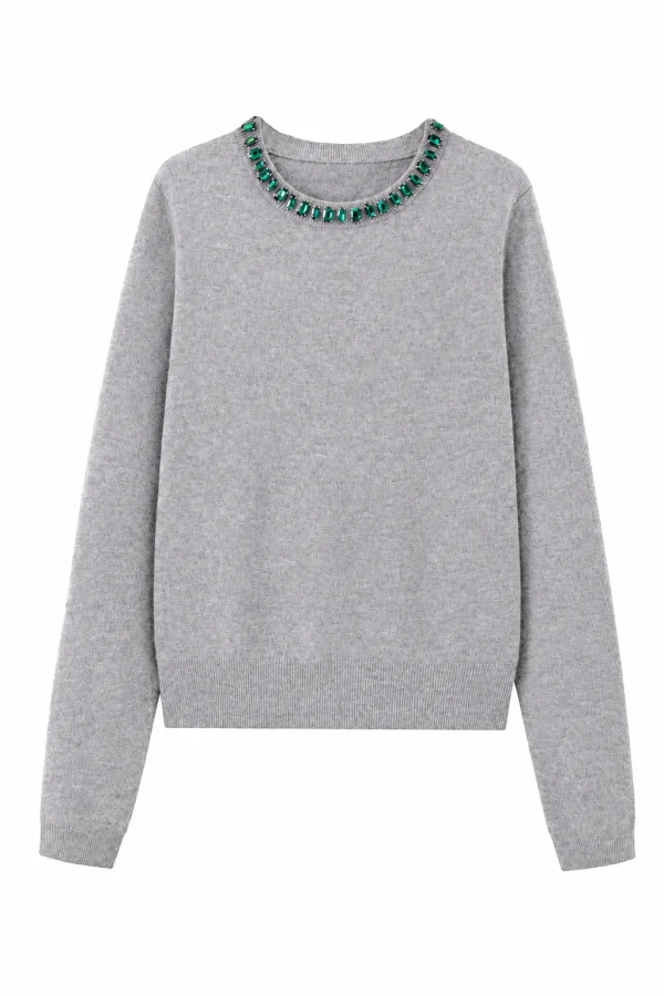 Embellished Australian Wool Crewneck Sweater - Grey - product view