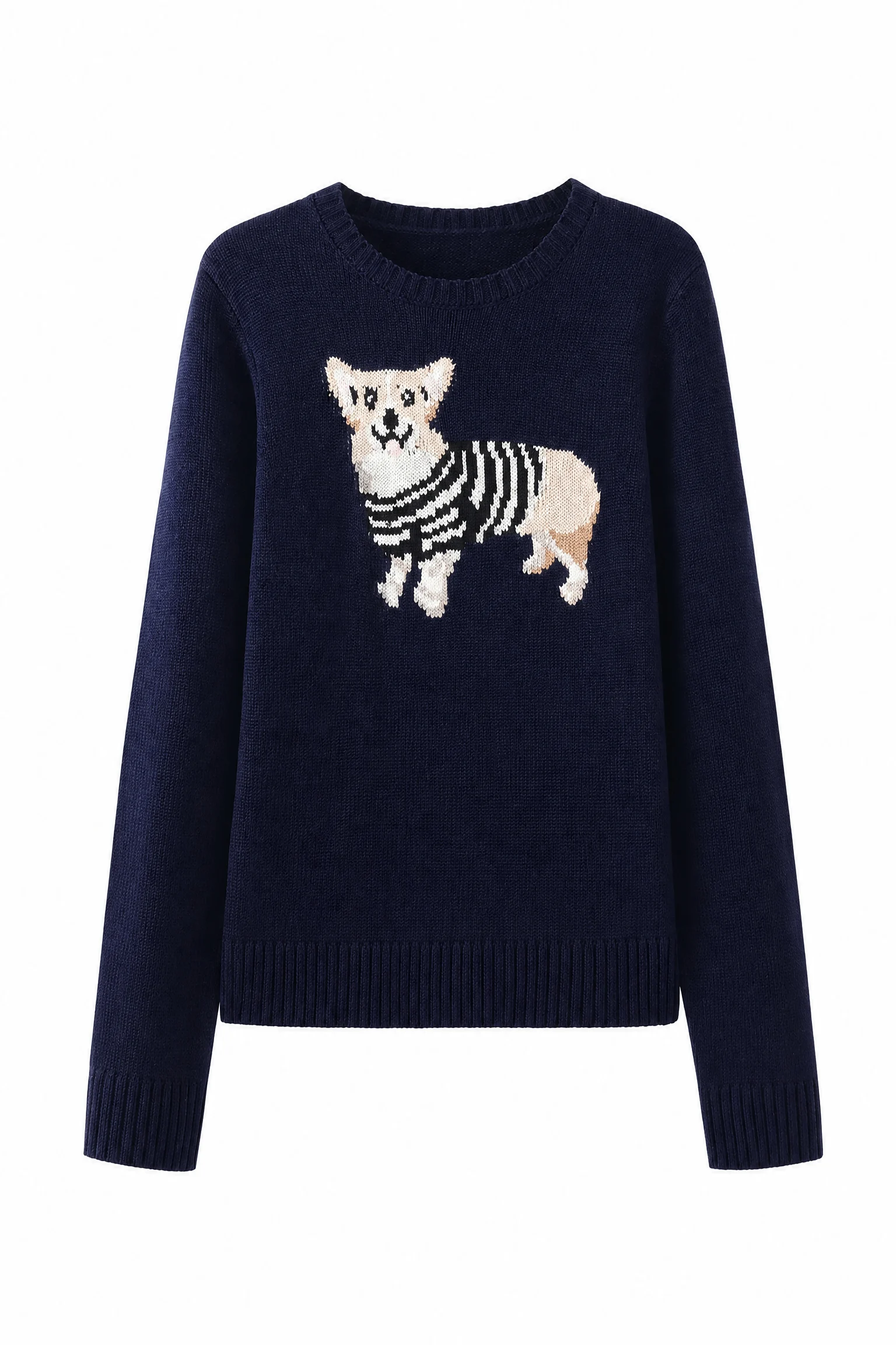 Wool Blend Dog Motif Sweater - Navy - product view