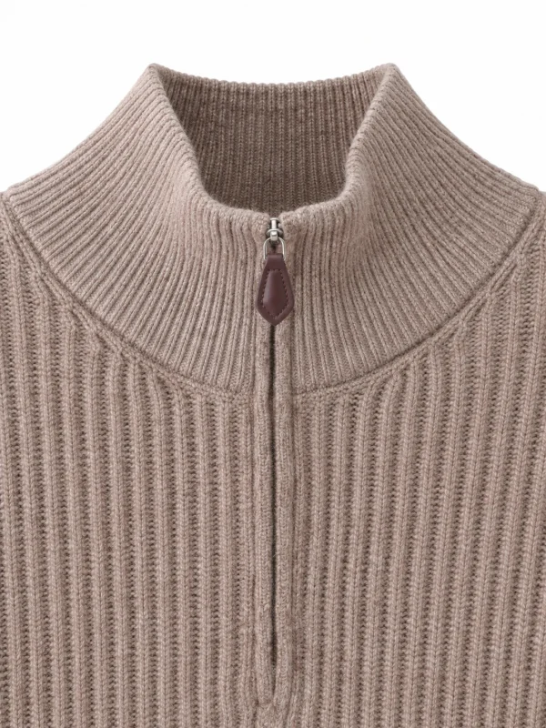 Cashmere Wool Rib-Knit Half-Zip Sweater - knit detail