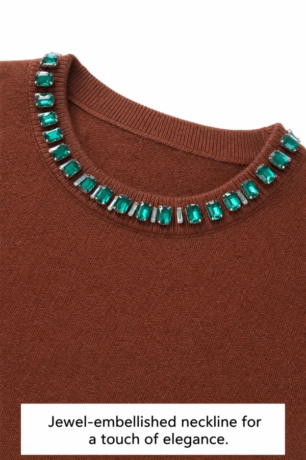 Embellished Australian Wool Crewneck Sweater - Brown - knit detail