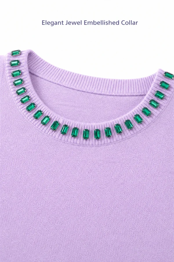 Embellished Australian Wool Crewneck Sweater - Lilac - knit detail