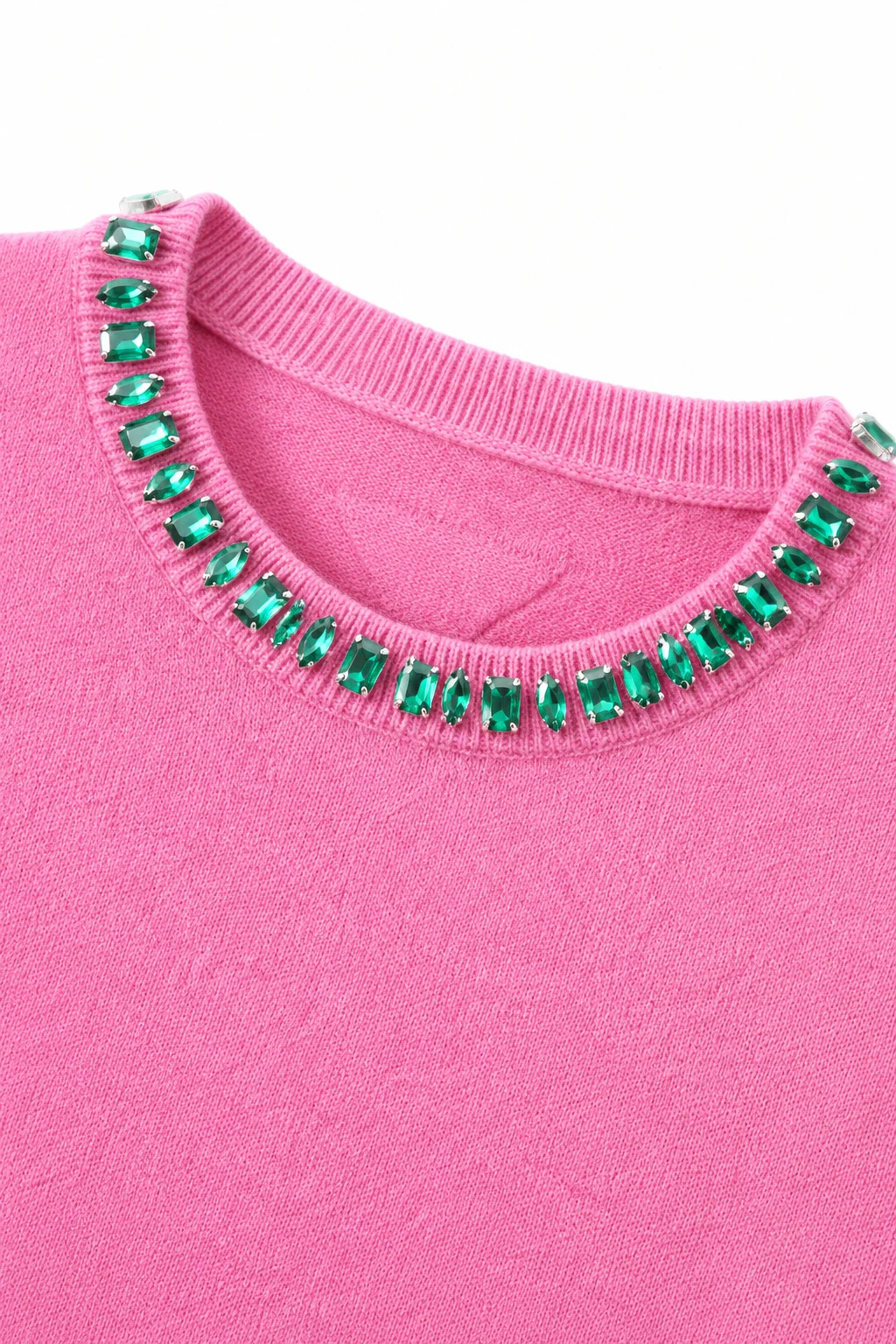 Embellished Australian Wool Crewneck Sweater - Pink - knit detail
