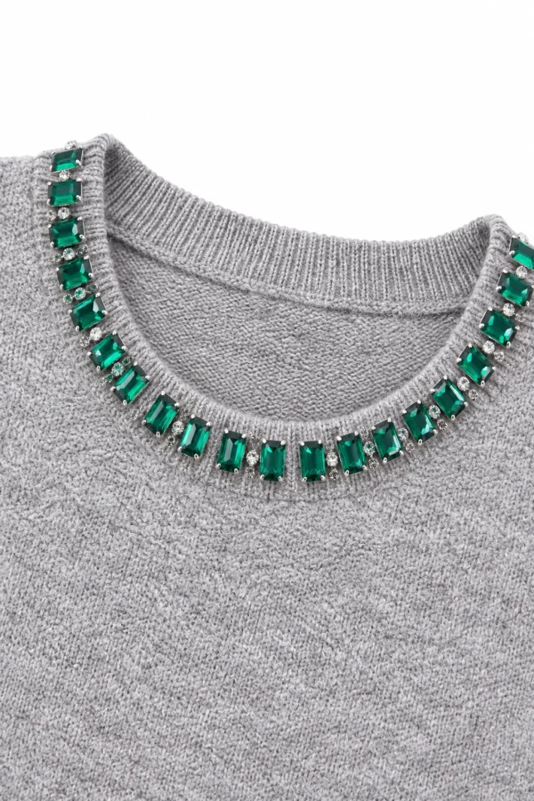 Embellished Australian Wool Crewneck Sweater - Grey - knit detail
